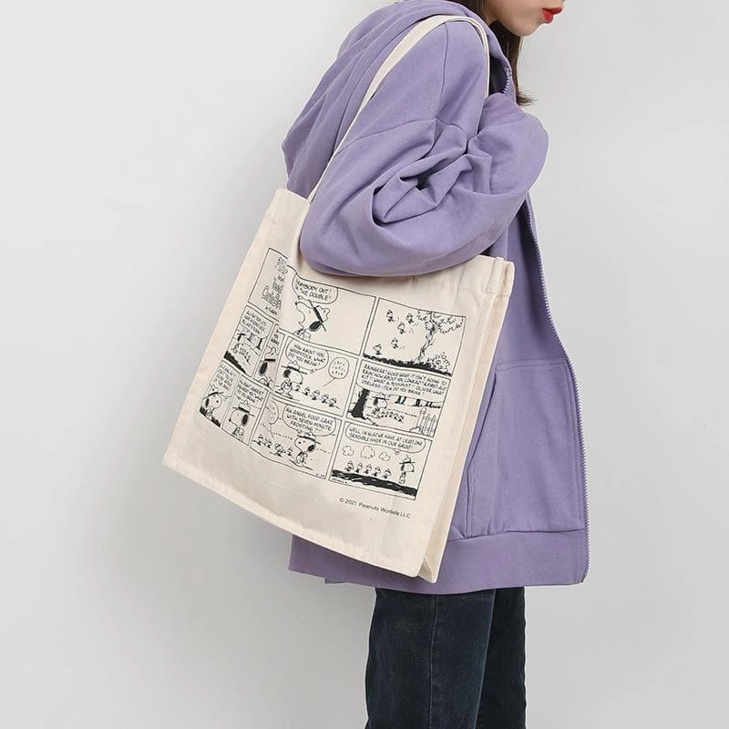 Snoopy Print Graphic Canvas Tote Bag Rewind Feature